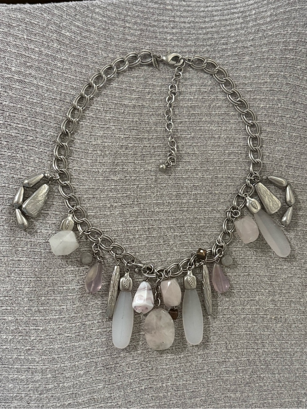 Vintage Chico’s signed silver tone dangly pink & milky gemstone chunky necklace
